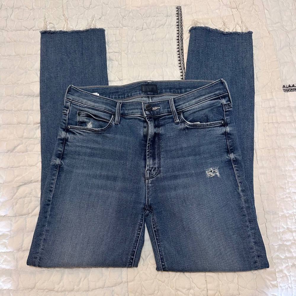 Mother The Mid Rise Dazzler Ankle Fray Jeans Weekend Warrior Blue 28
